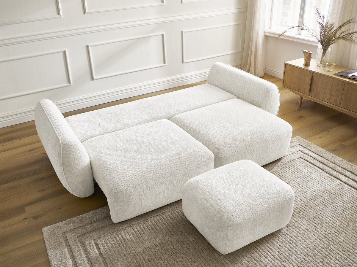 Bobochic Denise Schlafsofa 3-Sitzer mit Bettkasten und Pouf Strukturstoff Weiß