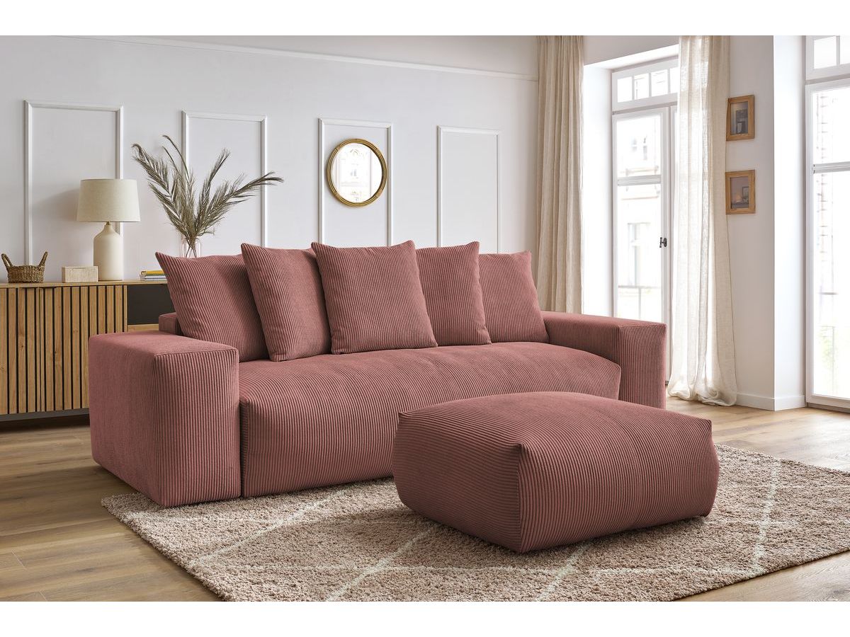 Bobochic Voltaire Schlafsofa 4-Sitzer mit Bettkasten und Pouf Cordsamt Rosa