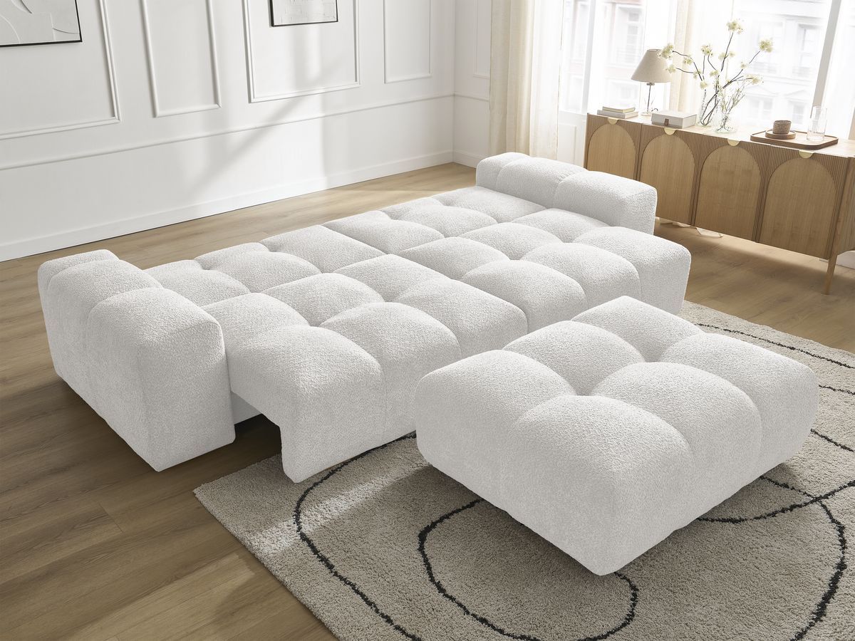 Bobochic Anakin Schlafsofa 3-Sitzer mit Bettkasten und Pouf, 2 Kissen Bouclé-Stoff Weiß