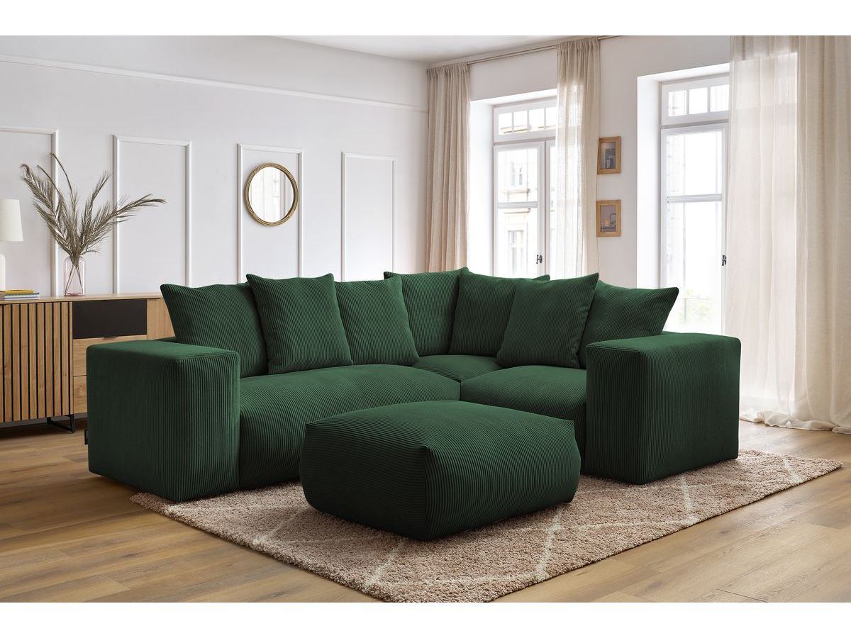 Bobochic Voltaire Ecksofa mit Pouf 268 × 214 cm Cordsamt Grün Ecke rechts