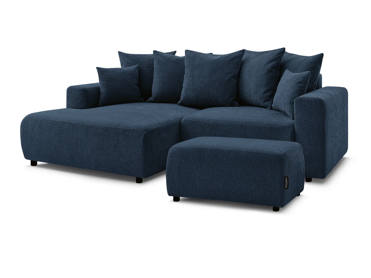 Bobochic Atilla Ecksofa mit Schlaffunktion und Bettkasten und Pouf Strukturstoff Dunkelblau Ecke links
