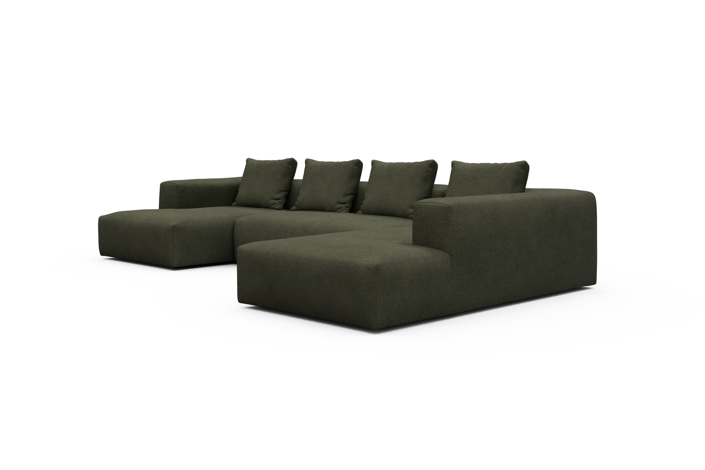 Wohnlandschaft Fred Relax-Ecke rechts mit 2-Sitzer und Chaiselongue links Boucle-Forest-Green