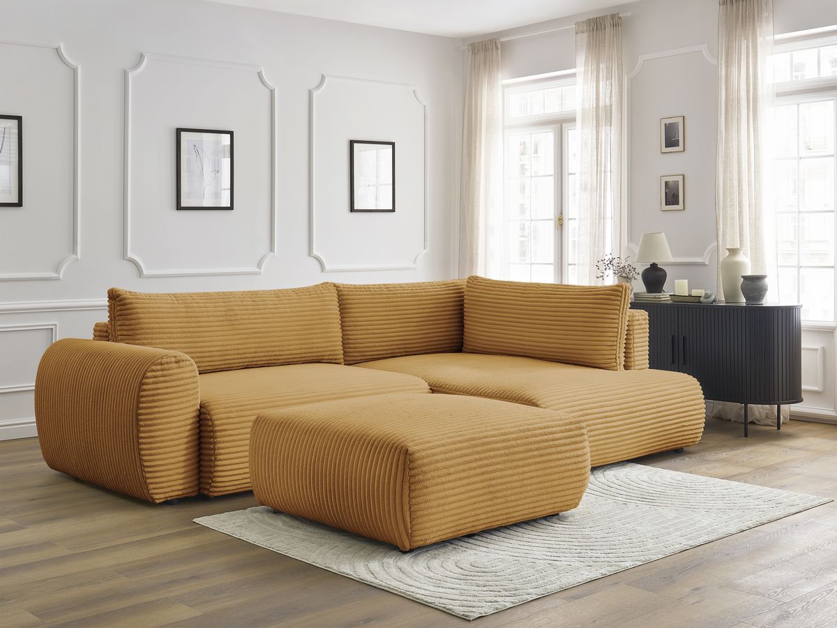 Bobochic Lucien Ecksofa mit Schlaffunktion und Bettkasten und Pouf 296 × 198 cm Breitcord weich Gelb Ecke rechts