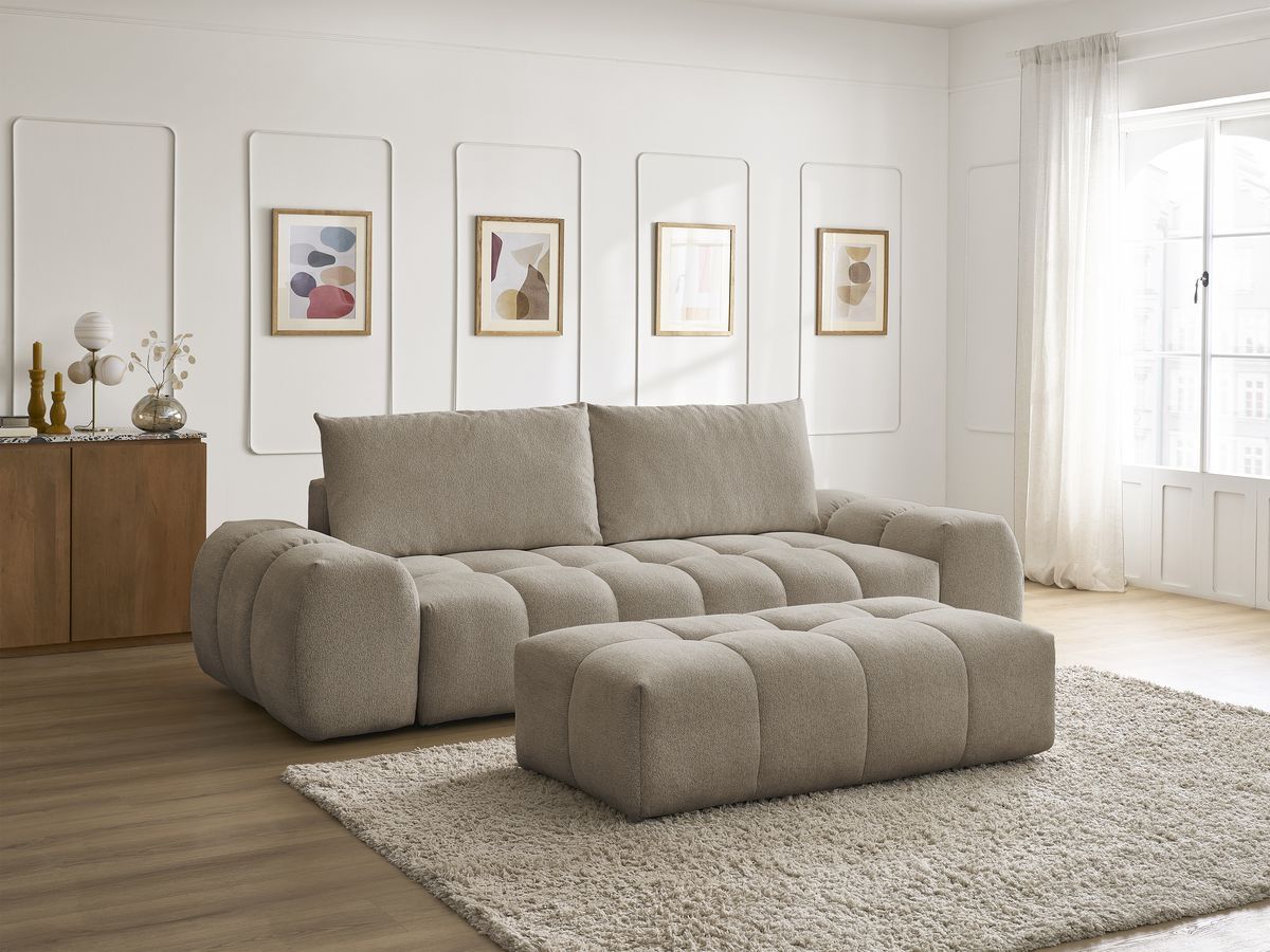 Bobochic Everest Schlafsofa 3-Sitzer mit Bettkasten und Pouf, 2 Kissen Melange-Stoff Taupe