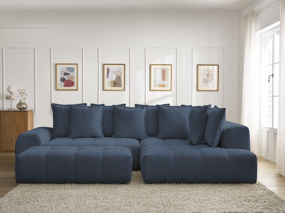 Bobochic Everest Ecksofa mit Schlaffunktion und Bettkasten und Pouf 320 × 212 cm, 10 Kissen Melange-Stoff Dunkelblau Ecke rechts