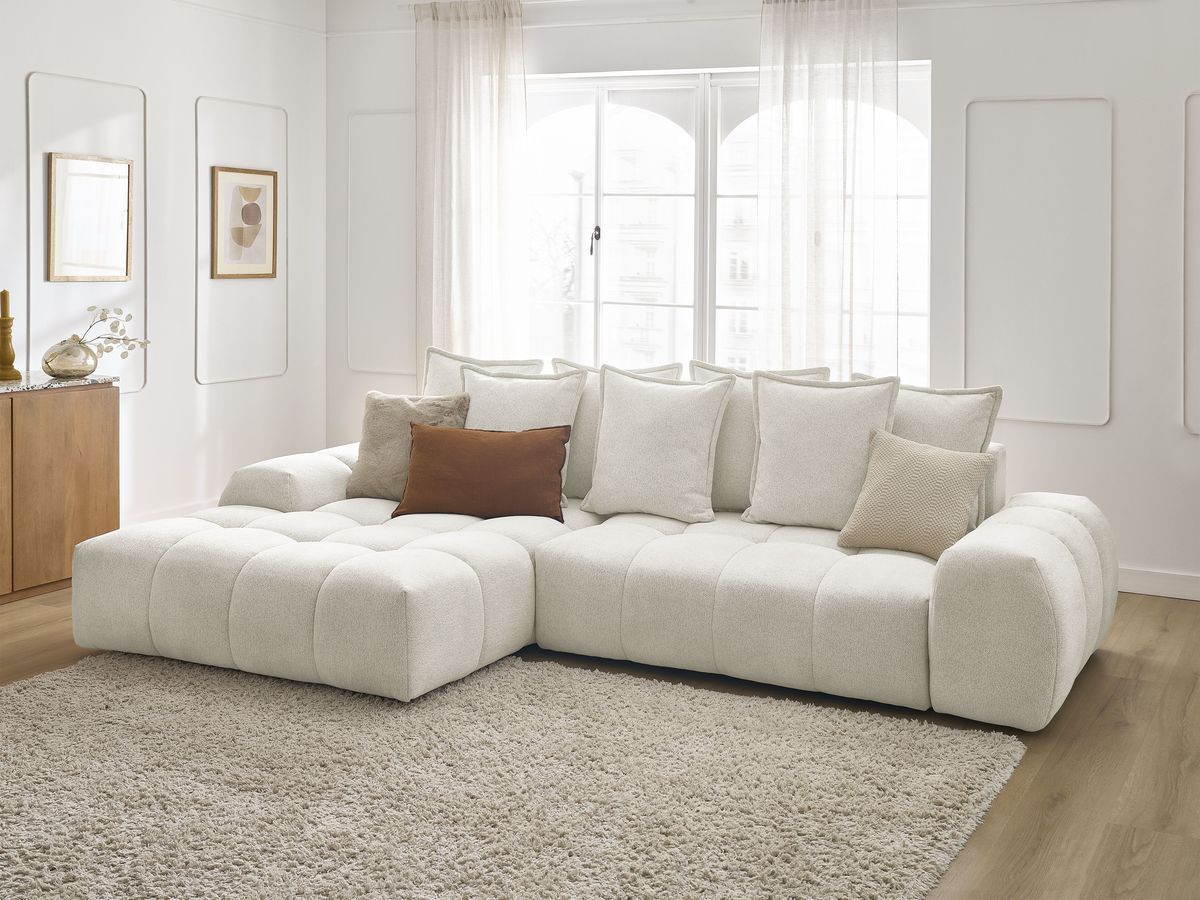 Bobochic Everest Ecksofa mit Schlaffunktion und Bettkasten 318 × 180 cm, 7 Kissen Melange-Stoff Weiß Ecke links