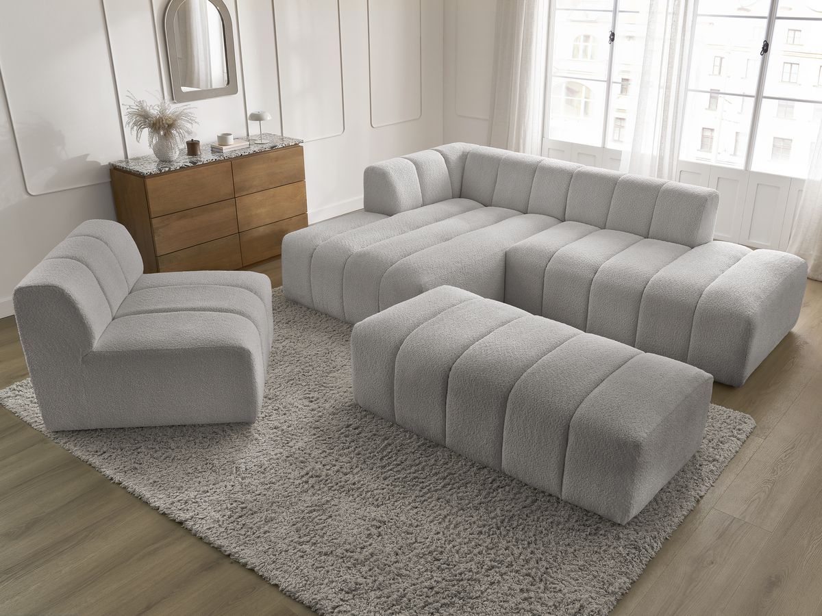 Bobochic Annecy Ecksofa mit Sofamodul und Pouf Bouclé-Stoff Hellgrau Ecke links