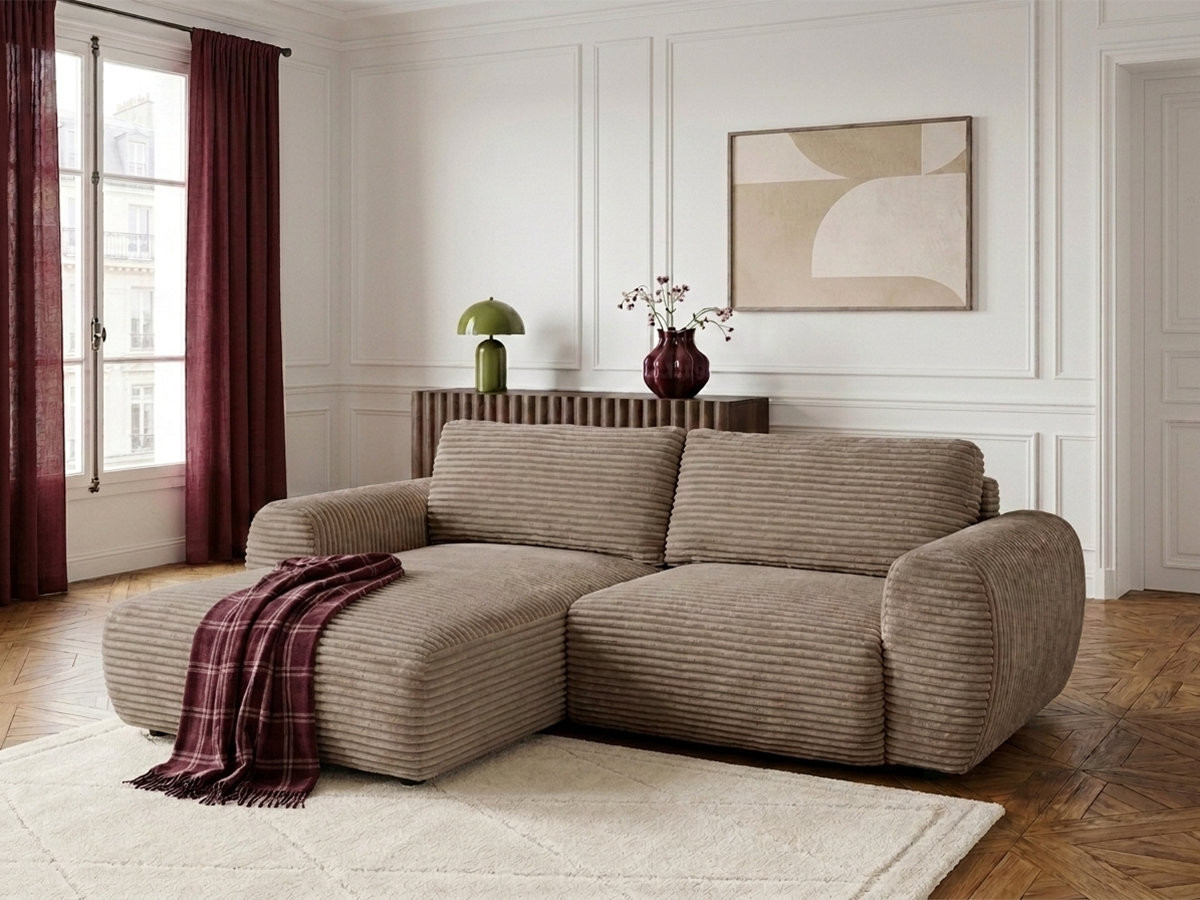 Bobochic Lucien Ecksofa mit Schlaffunktion und Bettkasten Breitcord weich Taupe Ecke links
