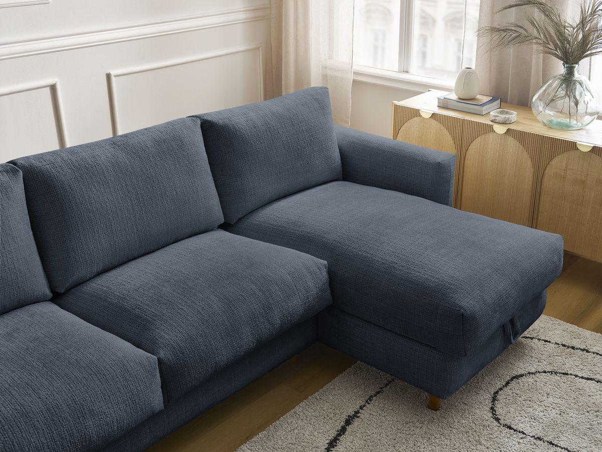 Bobochic Cocoone Ecksofa mit Schlaffunktion und Bettkasten Strukturstoff Dunkelblau, Liegefläche 140 × 200 cm