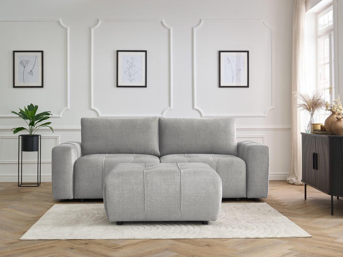 Bobochic Arsene Schlafsofa 4-Sitzer mit Bettkasten und Pouf Samt Hellgrau