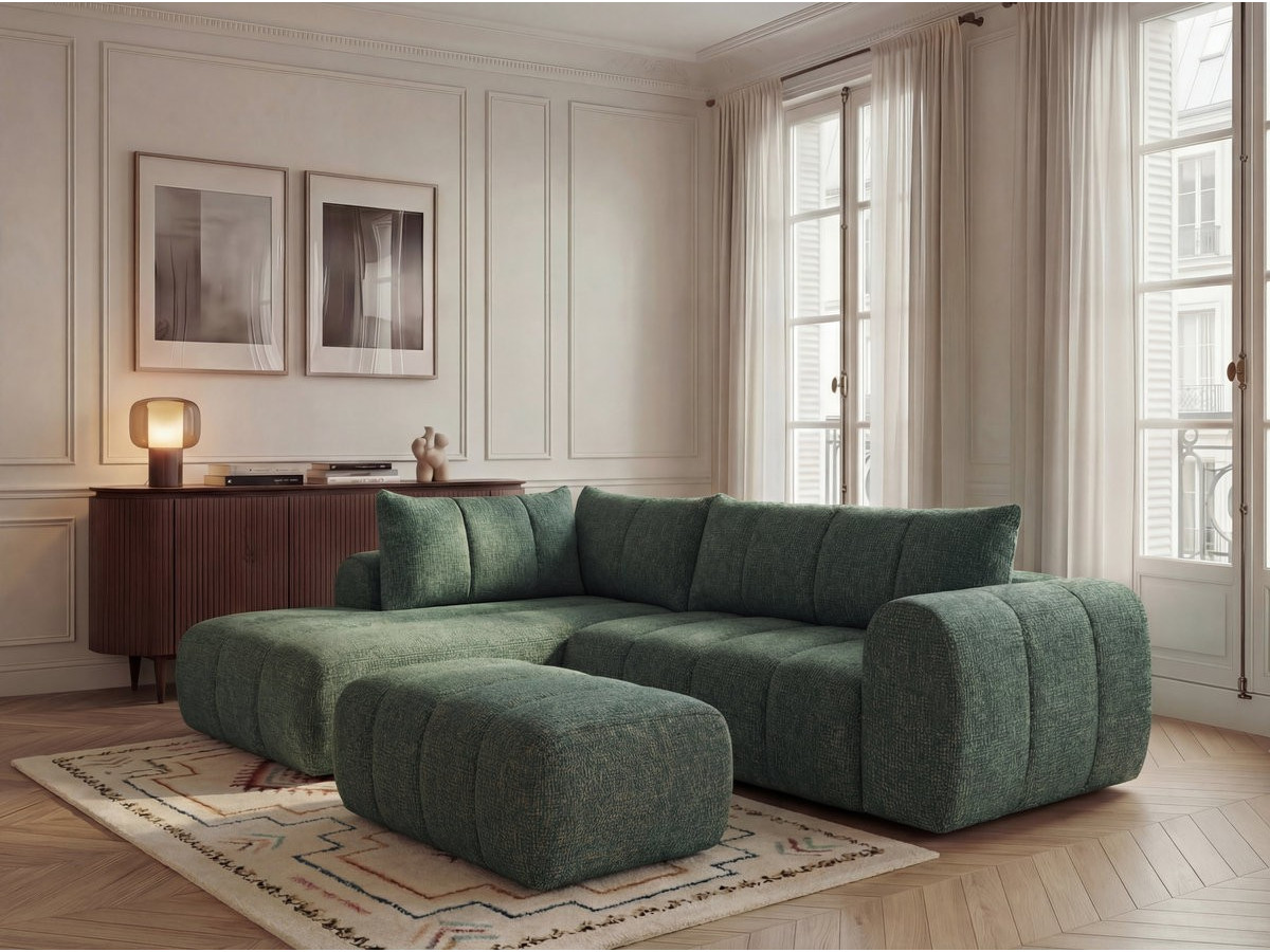 Bobochic Nesty Ecksofa in L-Form, 256 cm, mit Pouf Melange-Stoff Dunkelgrün Ecke links