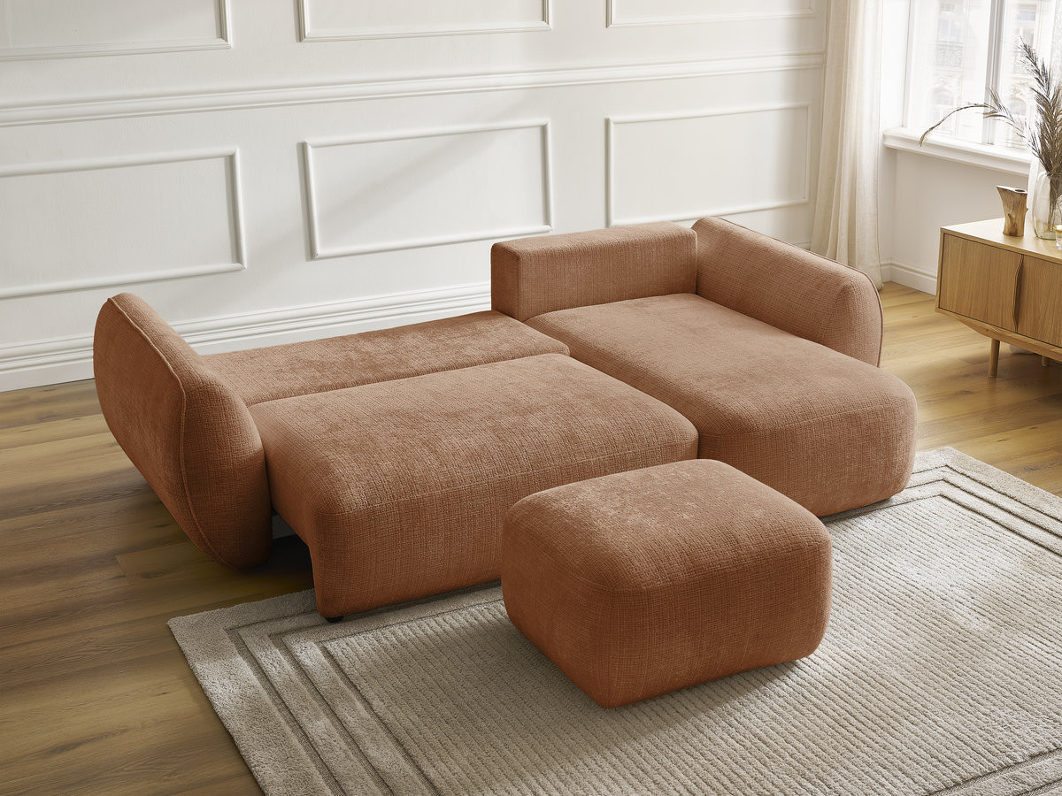 Bobochic Denise Ecksofa mit Schlaffunktion und Bettkasten und Pouf 258 × 160 cm Strukturstoff Orange Ecke rechts