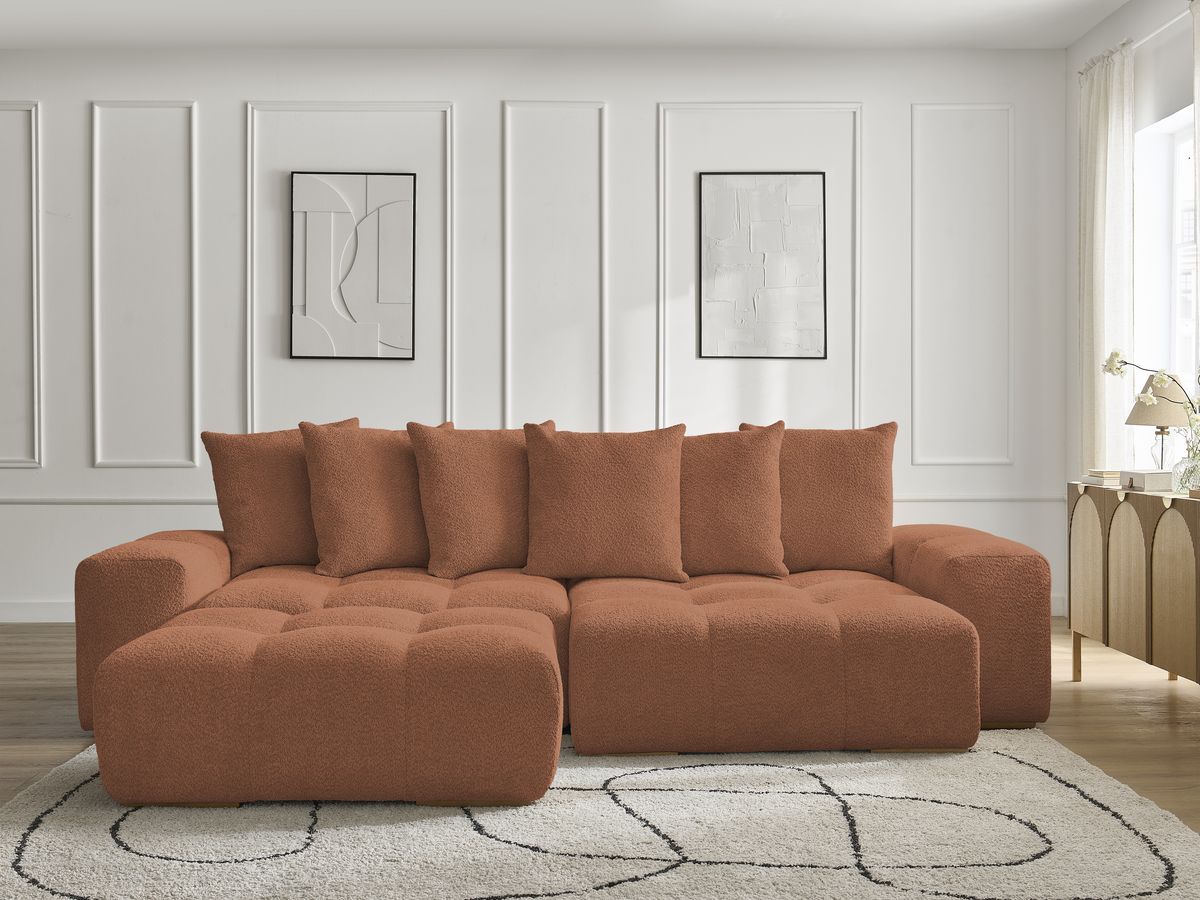 Bobochic Anakin Ecksofa mit Pouf, 6 Kissen Bouclé-Stoff Orange