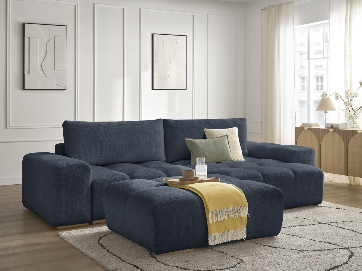 Bobochic Anakin Ecksofa mit Pouf, 2 Kissen Strukturstoff Dunkelblau
