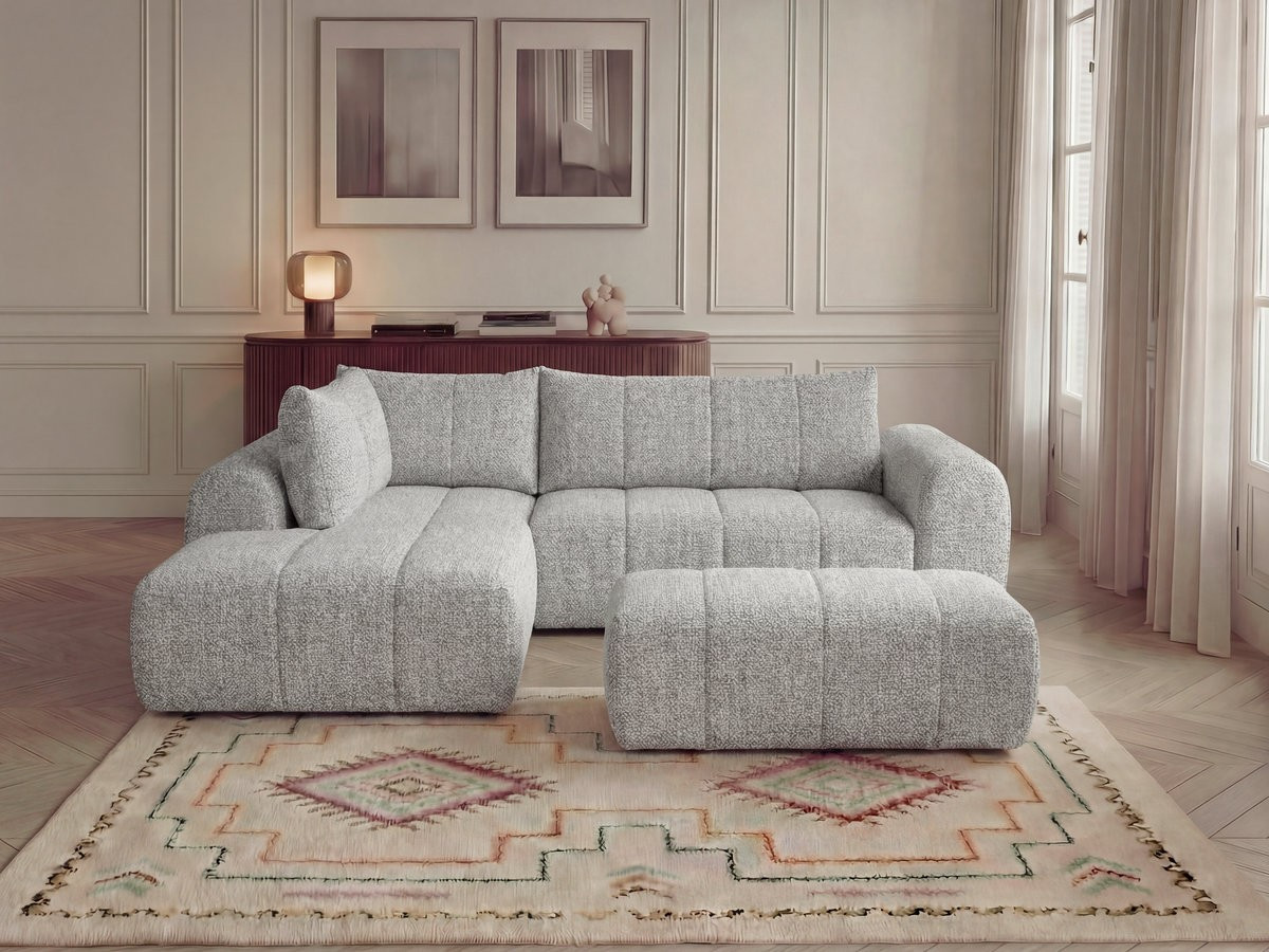 Bobochic Nesty Ecksofa in L-Form, 256 cm, mit Pouf Melange-Stoff Hellgrau Ecke links