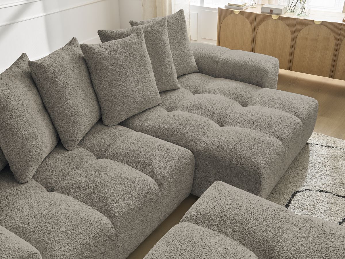 Bobochic Anakin Ecksofa mit Pouf, 6 Kissen Bouclé-Stoff Taupe