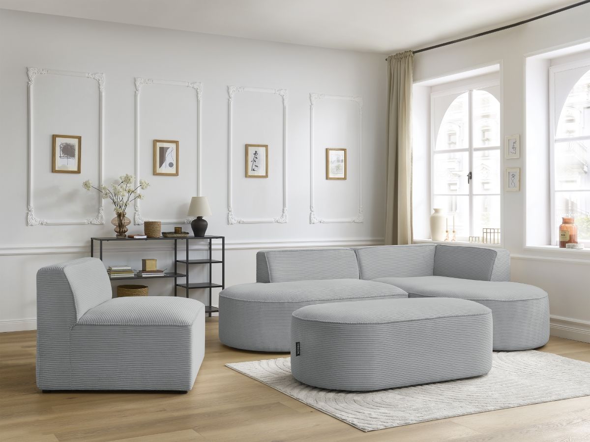 Bobochic Rousseau Ecksofa mit Sofamodul und Pouf Cordsamt Hellgrau Ecke rechts