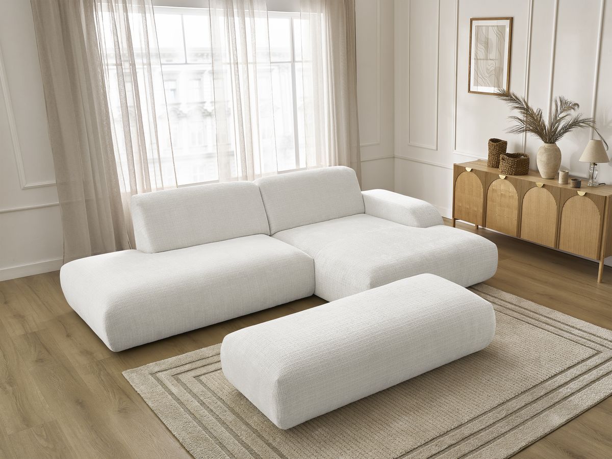 Bobochic Sirius Ecksofa mit Pouf 300 × 170 cm Strukturstoff Weiß Ecke rechts
