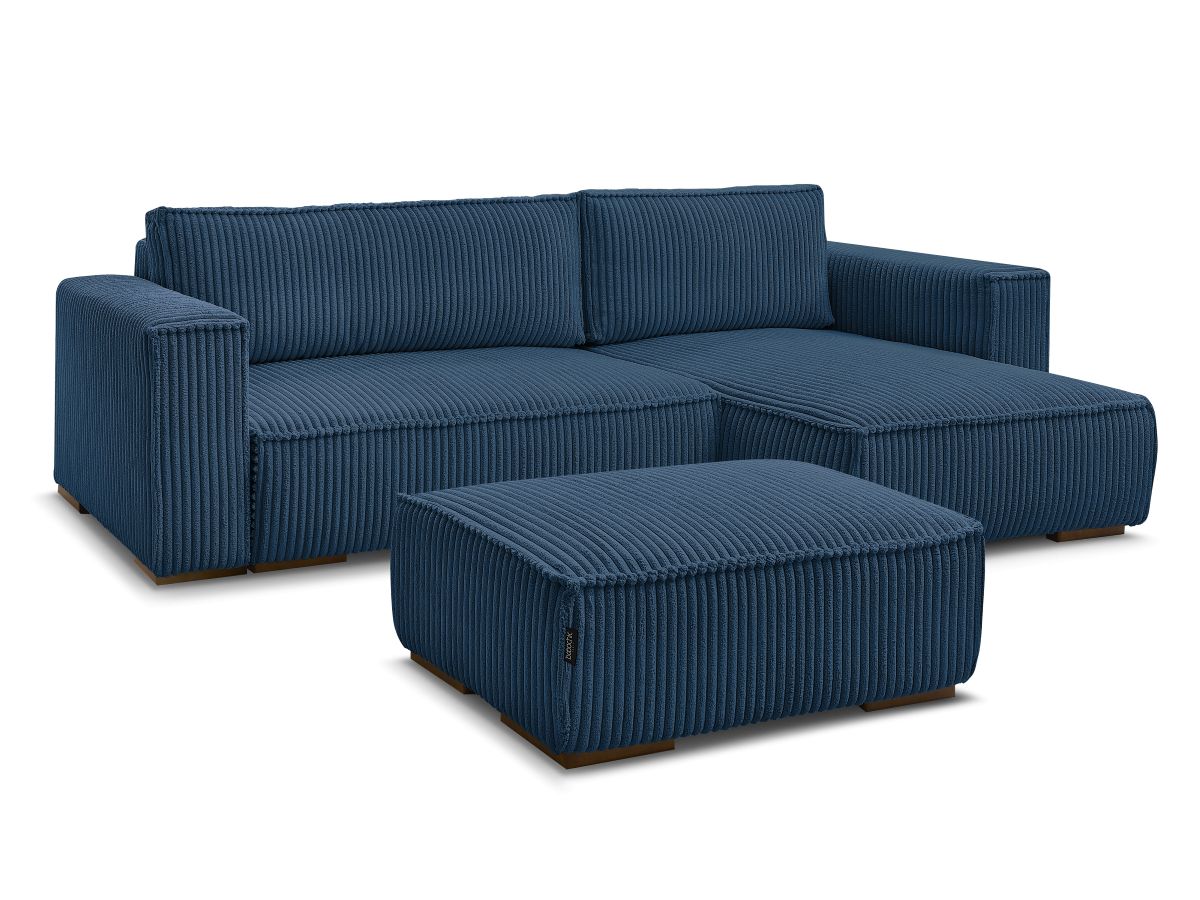Bobochic Chelsea Ecksofa mit Schlaffunktion und Bettkasten und Pouf Breitcord weich Dunkelblau