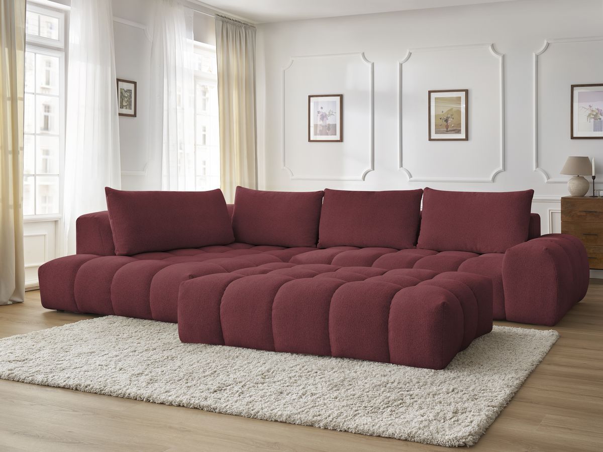 Bobochic Everest Ecksofa mit Schlaffunktion und Pouf, 4 Kissen Melange-Stoff Rot Ecke links
