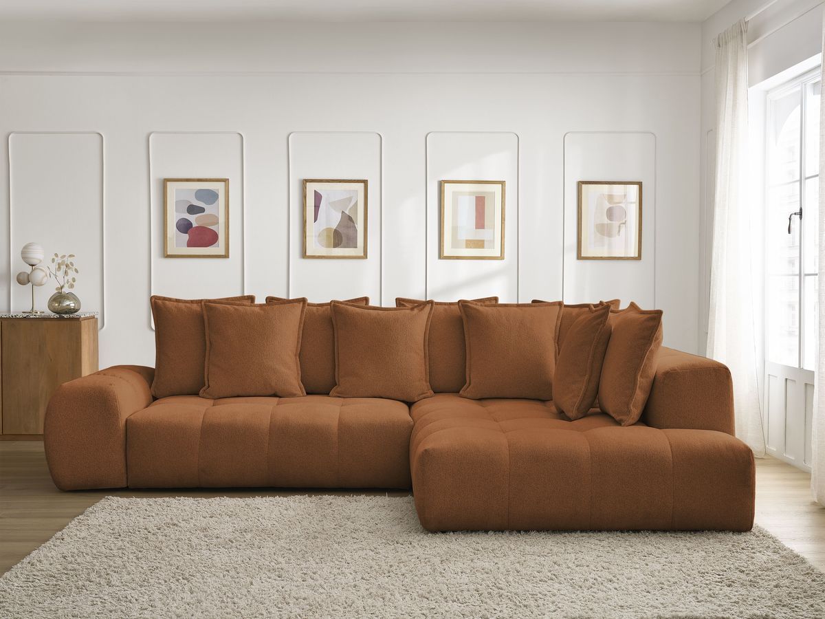 Bobochic Everest Ecksofa mit Schlaffunktion und Bettkasten 320 × 212 cm, 10 Kissen Melange-Stoff Orange Ecke rechts