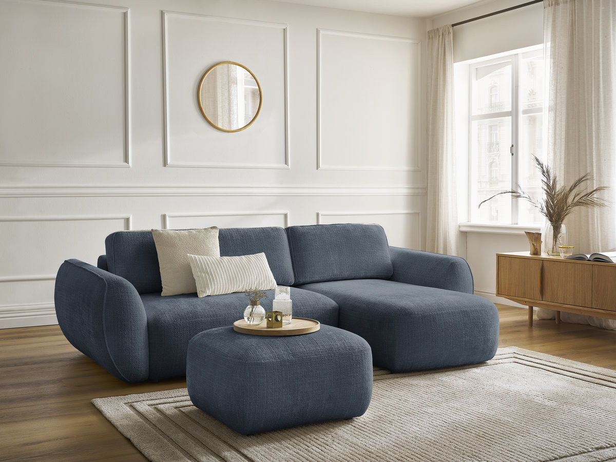 Bobochic Denise Ecksofa mit Schlaffunktion und Bettkasten und Pouf 258 × 160 cm Strukturstoff Dunkelblau Ecke rechts