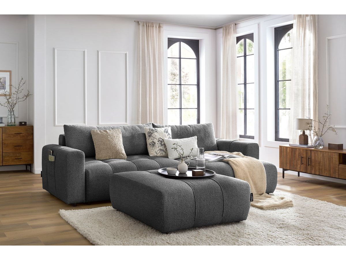 Bobochic Arsene Ecksofa mit Schlaffunktion und Bettkasten und Pouf 288 × 148 cm Melange-Stoff Dunkelgrau