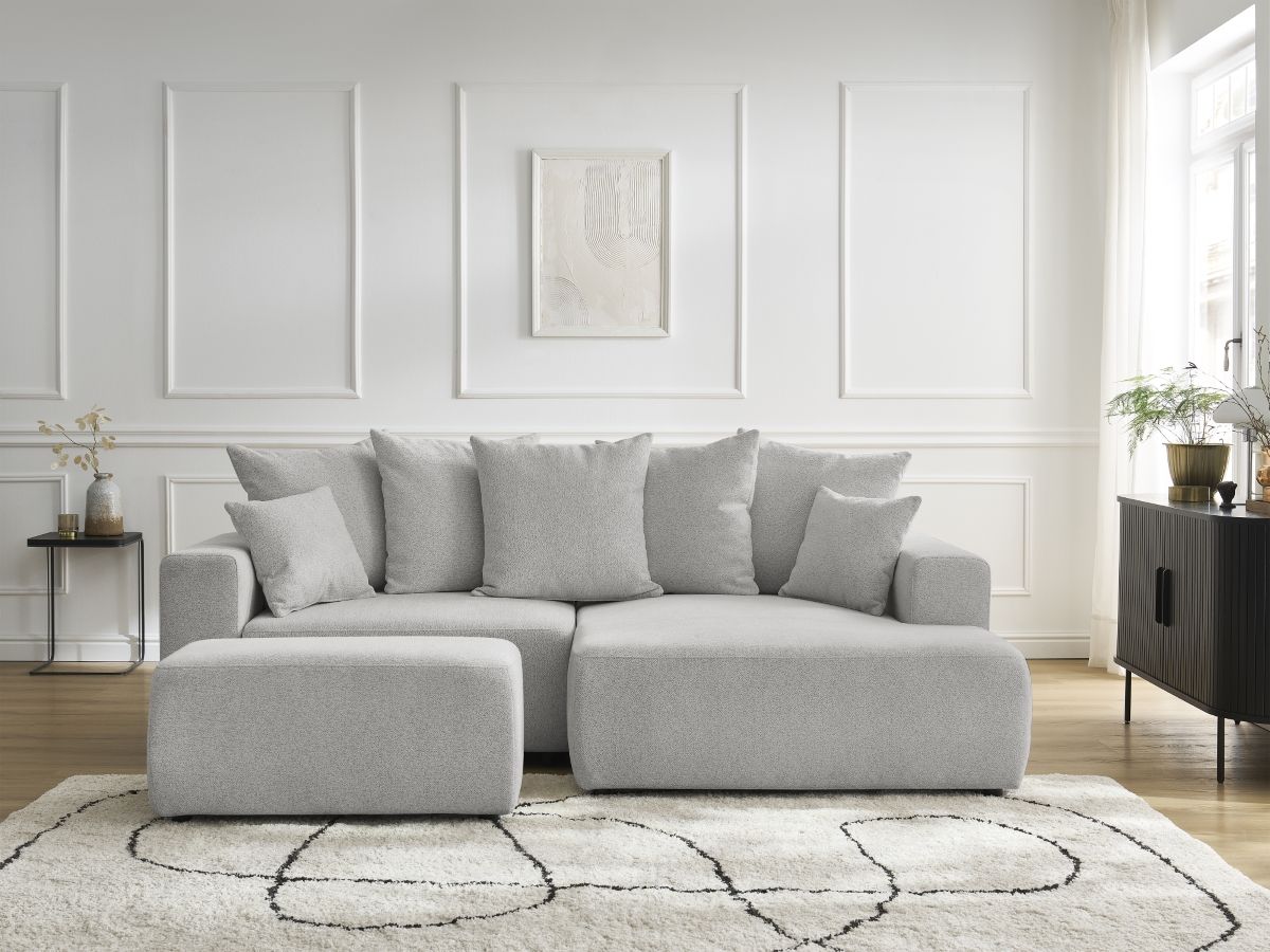Bobochic Atilla Ecksofa mit Schlaffunktion und Bettkasten und Pouf Melange-Stoff Hellgrau Ecke rechts