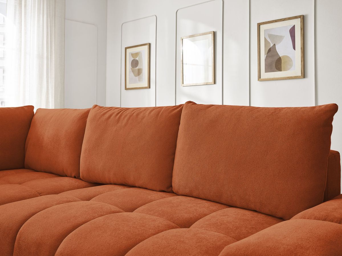 Bobochic Everest Ecksofa mit Schlaffunktion und Bettkasten 320 × 212 cm, 5 Kissen Strukturstoff Orange Ecke links