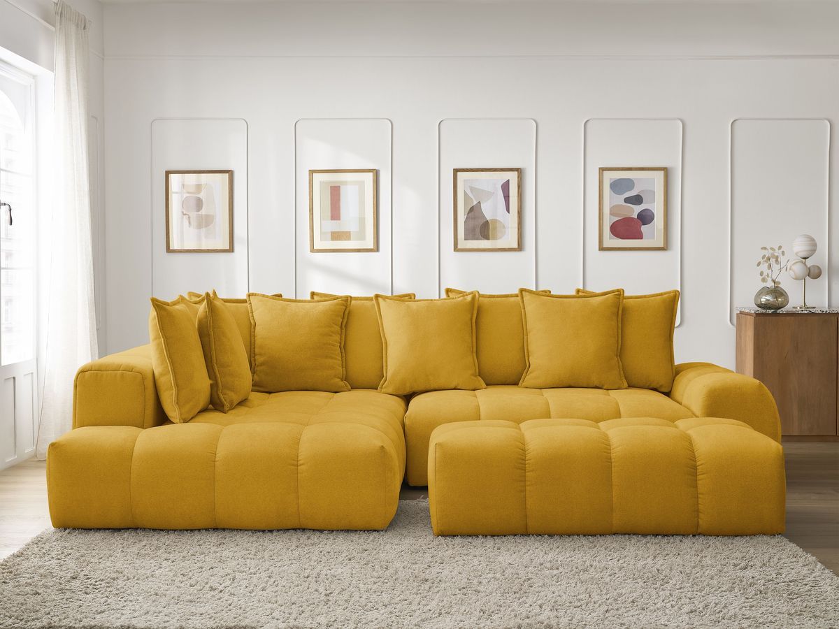Bobochic Everest Ecksofa mit Schlaffunktion und Bettkasten und Pouf 320 × 212 cm, 10 Kissen Strukturstoff Gelb Ecke links