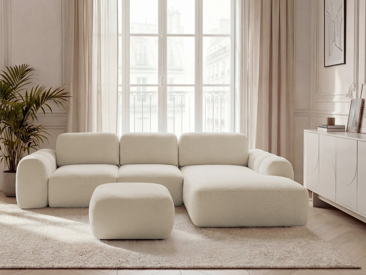 Bobochic Montaigne Ecksofa mit Schlaffunktion und Bettkasten und Pouf 288 × 196 cm Bouclé-Stoff Beige Ecke rechts