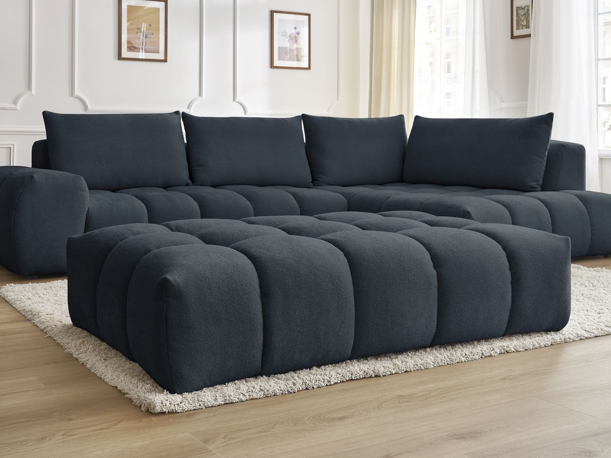 Bobochic Everest Ecksofa mit Schlaffunktion und Pouf, 4 Kissen Strukturstoff Dunkelblau Ecke rechts