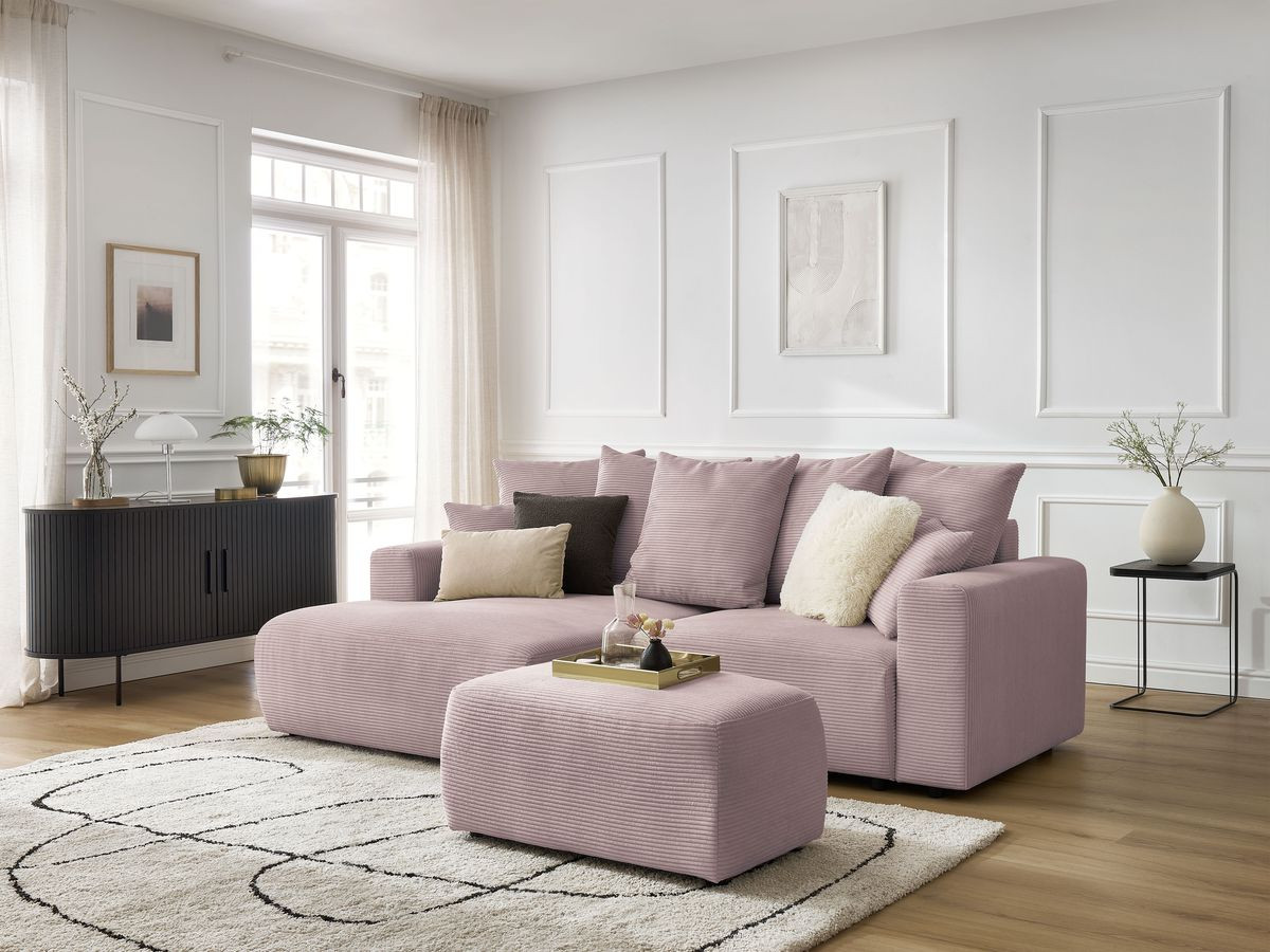 Bobochic Atilla Ecksofa mit Schlaffunktion und Bettkasten und Pouf Cordsamt Violett Ecke links