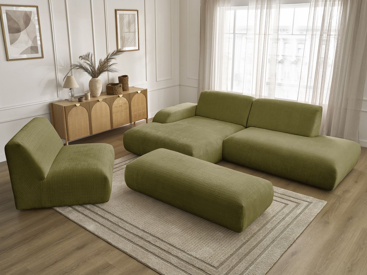 Bobochic Sirius Ecksofa mit Pouf 405 × 170 cm Strukturstoff Grün Ecke links
