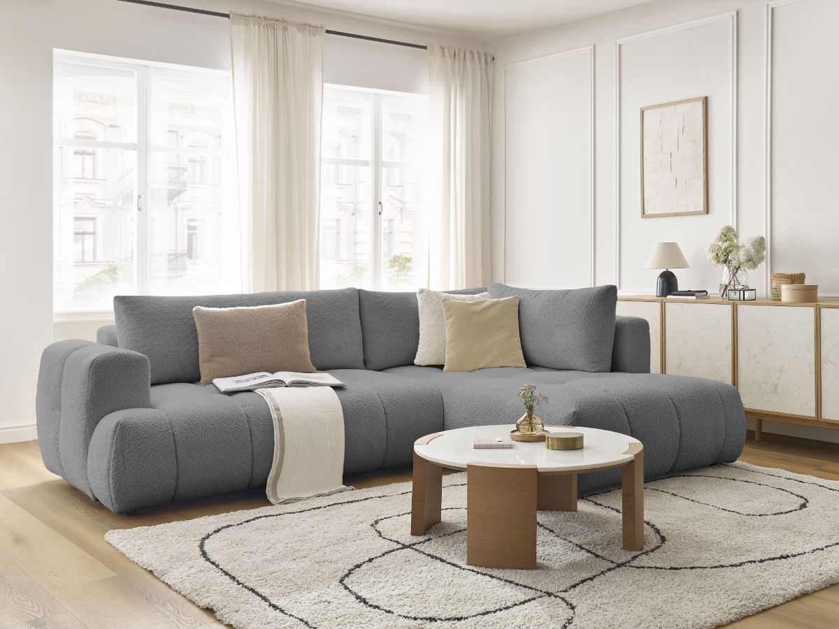 Bobochic Fuji Ecksofa mit Schlaffunktion und Bettkasten 282 × 204 cm Bouclé-Stoff Dunkelgrau Ecke rechts