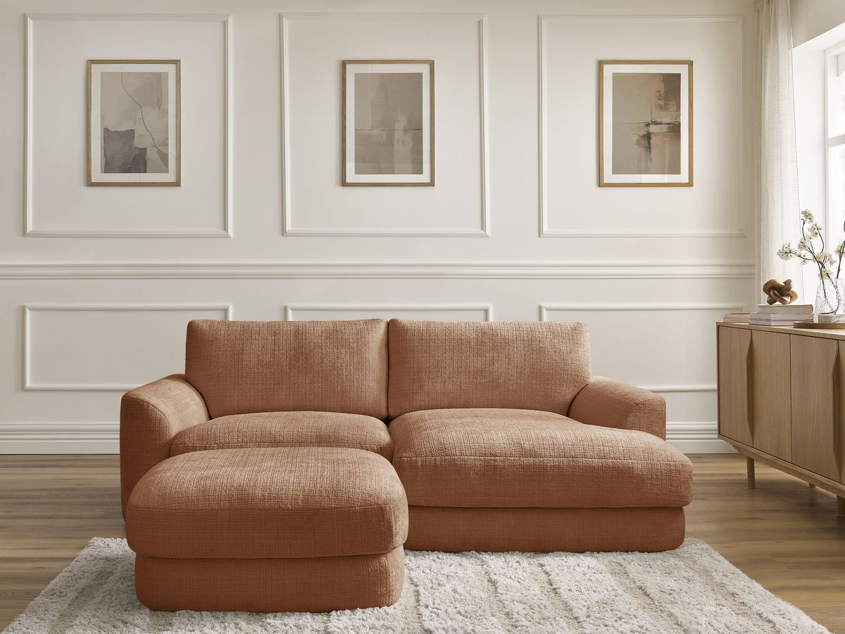 Bobochic Leonore Ecksofa mit Pouf Strukturstoff Orange Ecke rechts