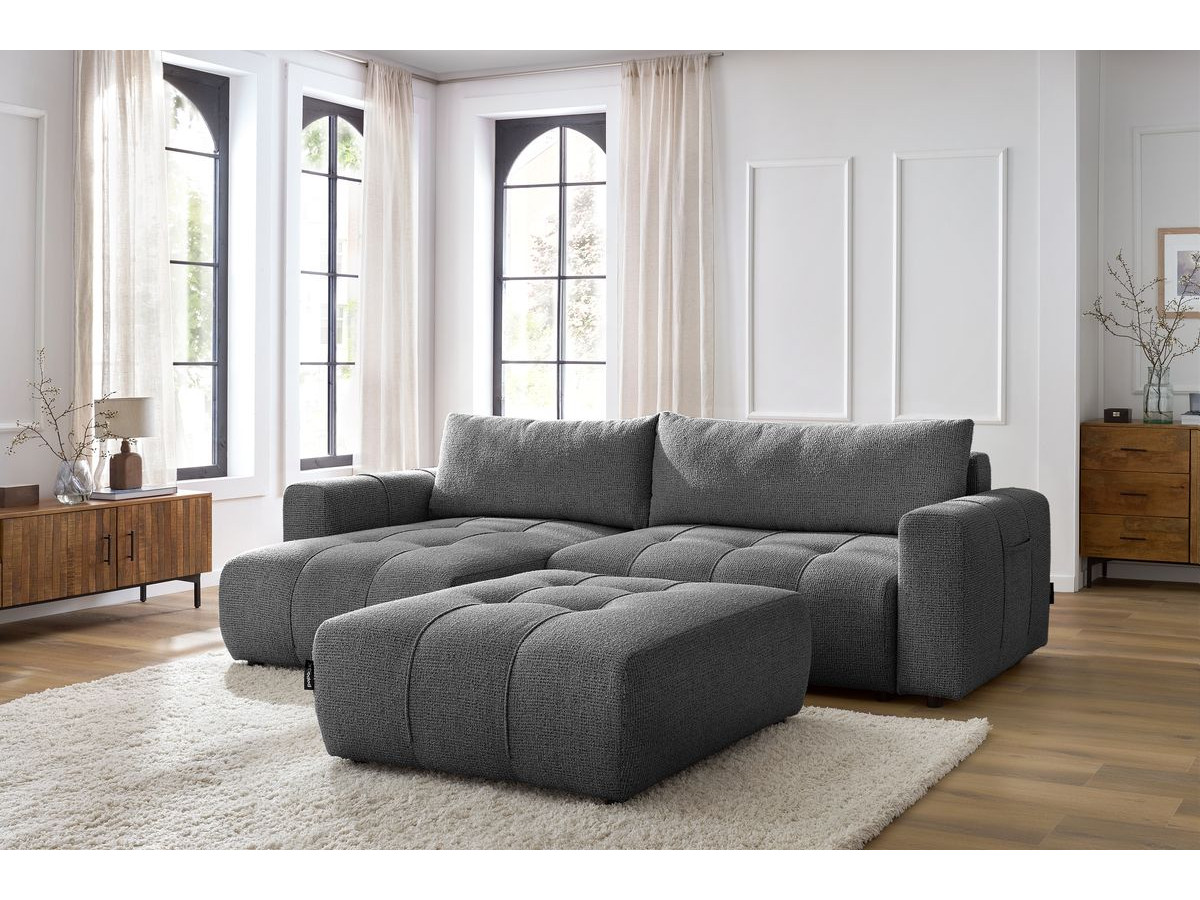 Bobochic Arsene Ecksofa mit Schlaffunktion und Bettkasten und Pouf 288 × 148 cm Melange-Stoff Dunkelgrau