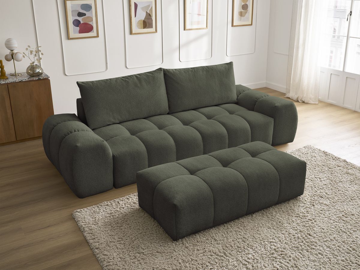 Bobochic Everest Sofa 3-Sitzer mit Pouf, 2 Kissen Melange-Stoff Grün