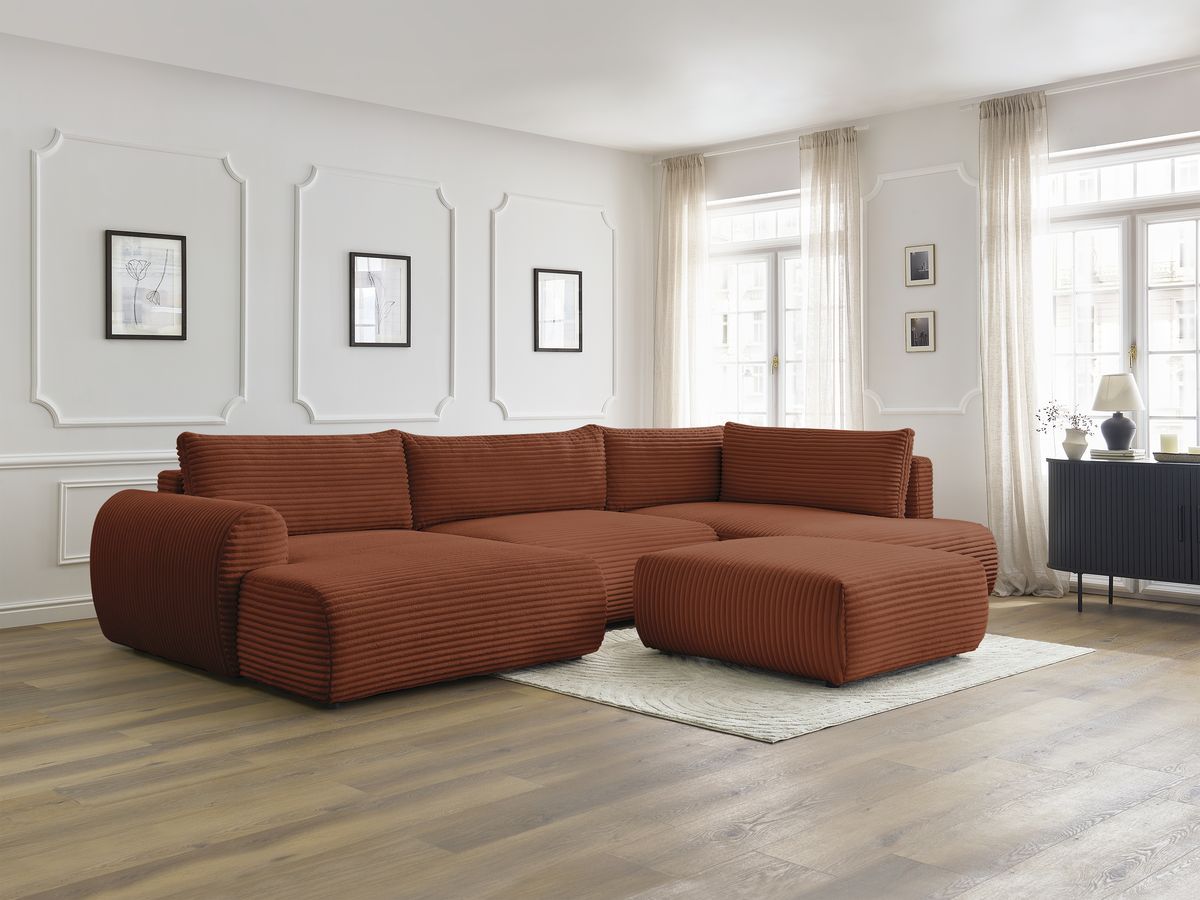 Bobochic Lucien Wohnlandschaft mit Pouf Breitcord weich Orange Ecke links