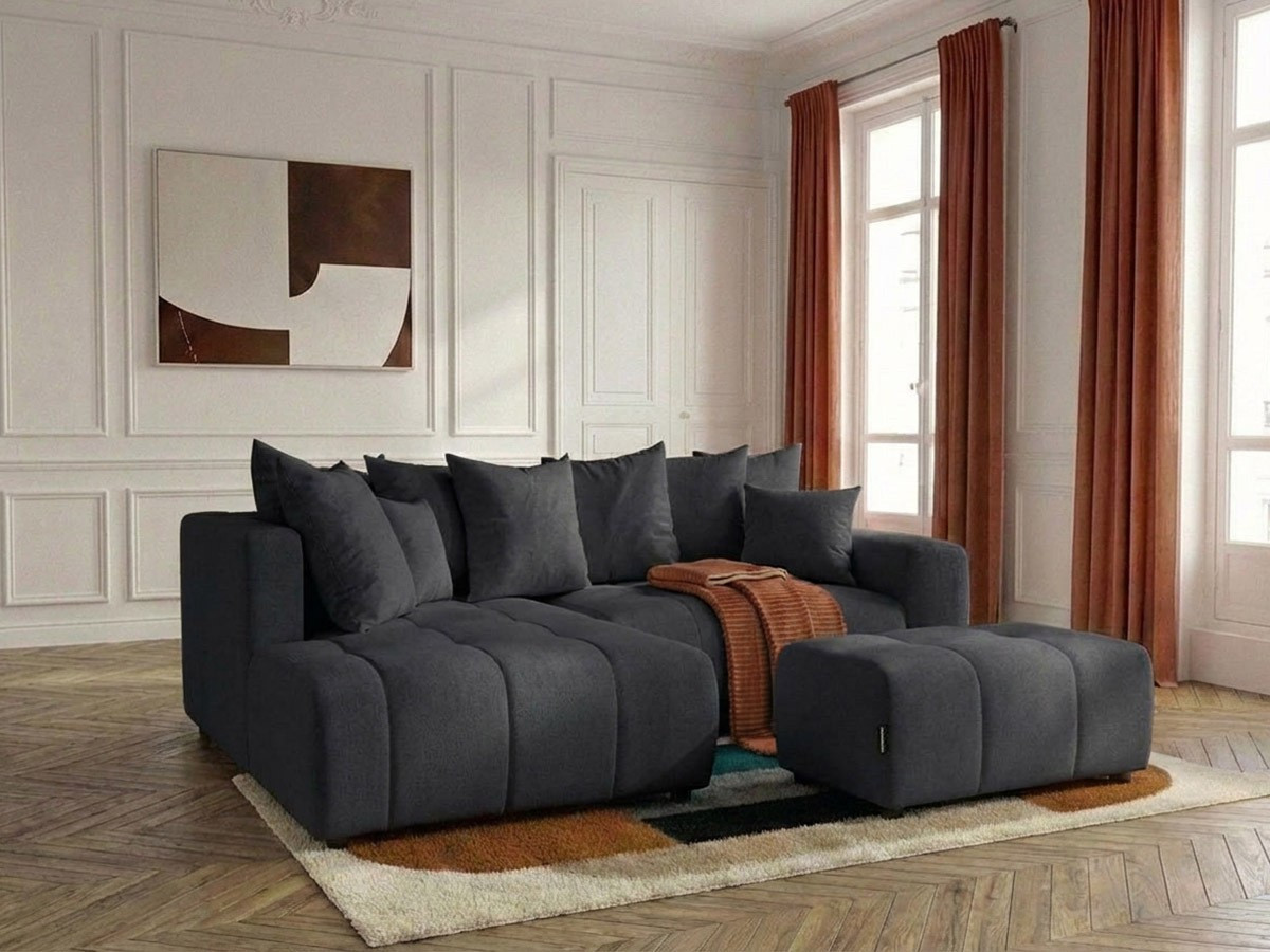 Bobochic Roxelane Ecksofa mit Schlaffunktion und Bettkasten und Pouf Melange-Stoff Dunkelgrau Ecke links