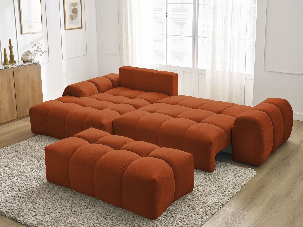 Bobochic Everest Ecksofa mit Schlaffunktion und Bettkasten und Pouf 318 × 180 cm, 3 Kissen Strukturstoff Orange Ecke links