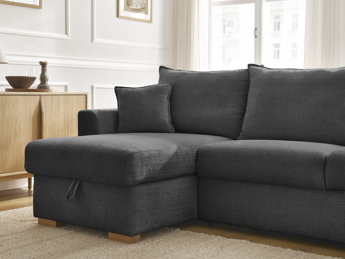 Bobochic Augustin Ecksofa mit Schlaffunktion und Bettkasten Strukturstoff Schwarz, Liegefläche 140 × 200 cm