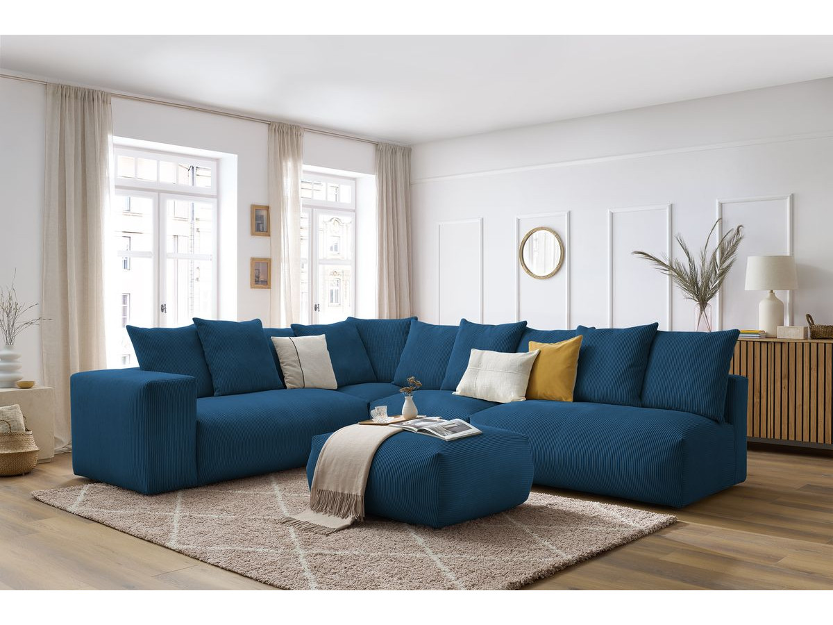 Bobochic Voltaire Ecksofa mit Pouf 322 × 268 cm Cordsamt Dunkelblau Ecke links