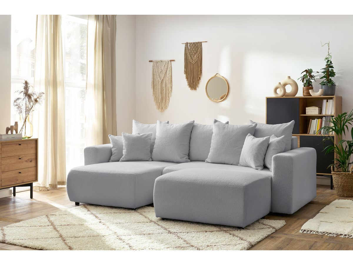 Bobochic Envy Ecksofa mit Schlaffunktion und Bettkasten und rechteckigem Pouf Bouclé-Stoff Hellgrau