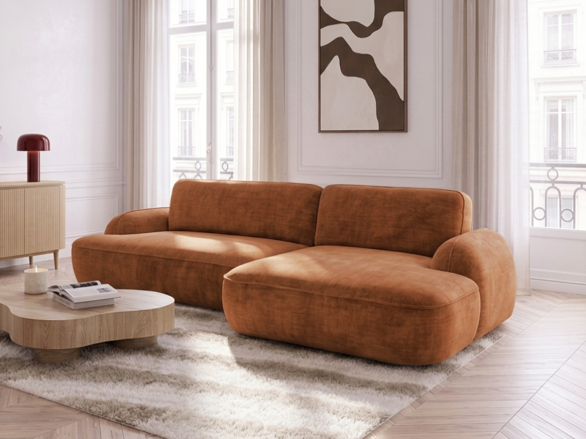 Bobochic Celeste Ecksofa mit Schlaffunktion und Bettkasten Stoff Orange Ecke rechts