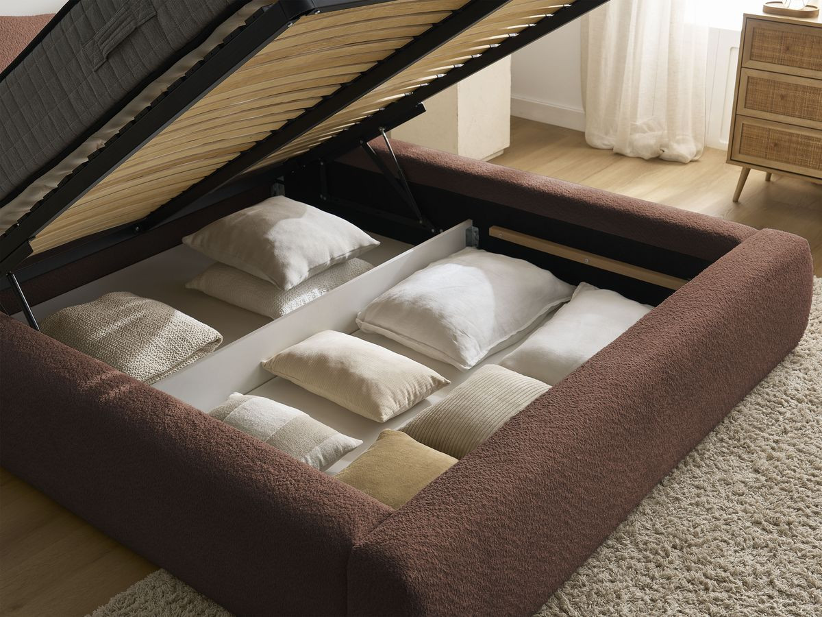 Bobochic Orlane Polsterbett mit Bettkasten Bouclé-Stoff Orange, Liegefläche 180 × 200 cm