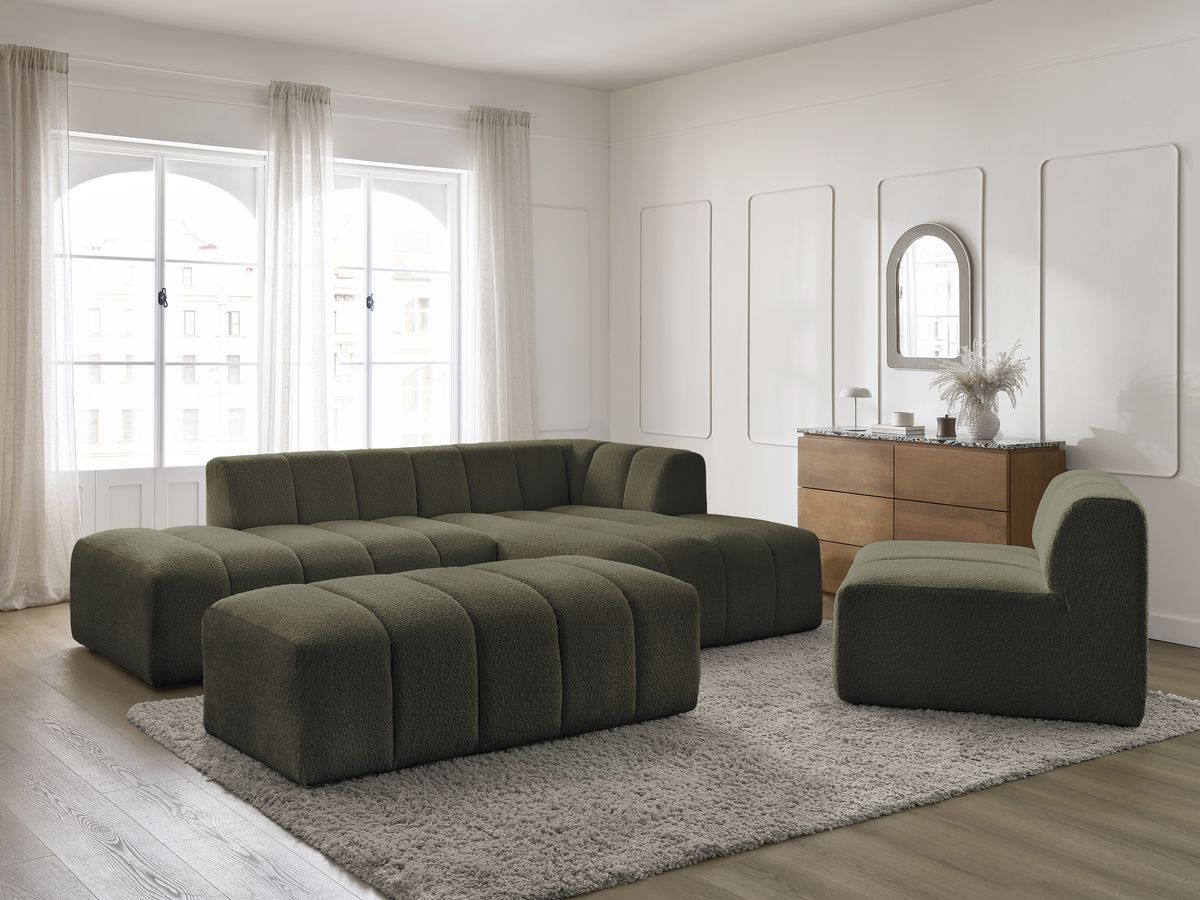 Bobochic Annecy Ecksofa mit Sofamodul und Pouf Bouclé-Stoff Grün Ecke rechts
