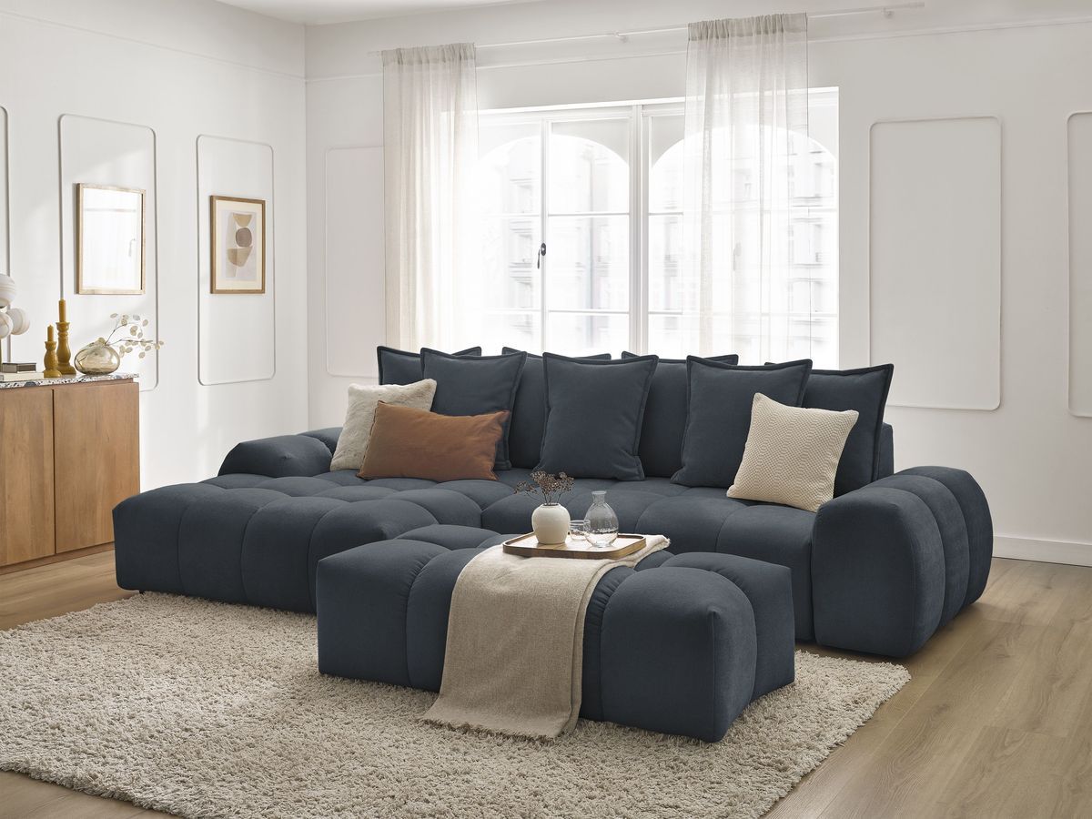 Bobochic Everest Ecksofa mit Schlaffunktion und Bettkasten und Pouf 318 × 180 cm, 7 Kissen Strukturstoff Blau Ecke links