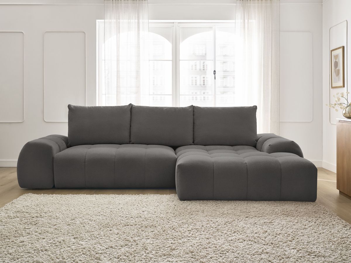 Bobochic Everest Ecksofa mit Schlaffunktion und Bettkasten 318 × 180 cm, 3 Kissen Strukturstoff Dunkelgrau Ecke rechts