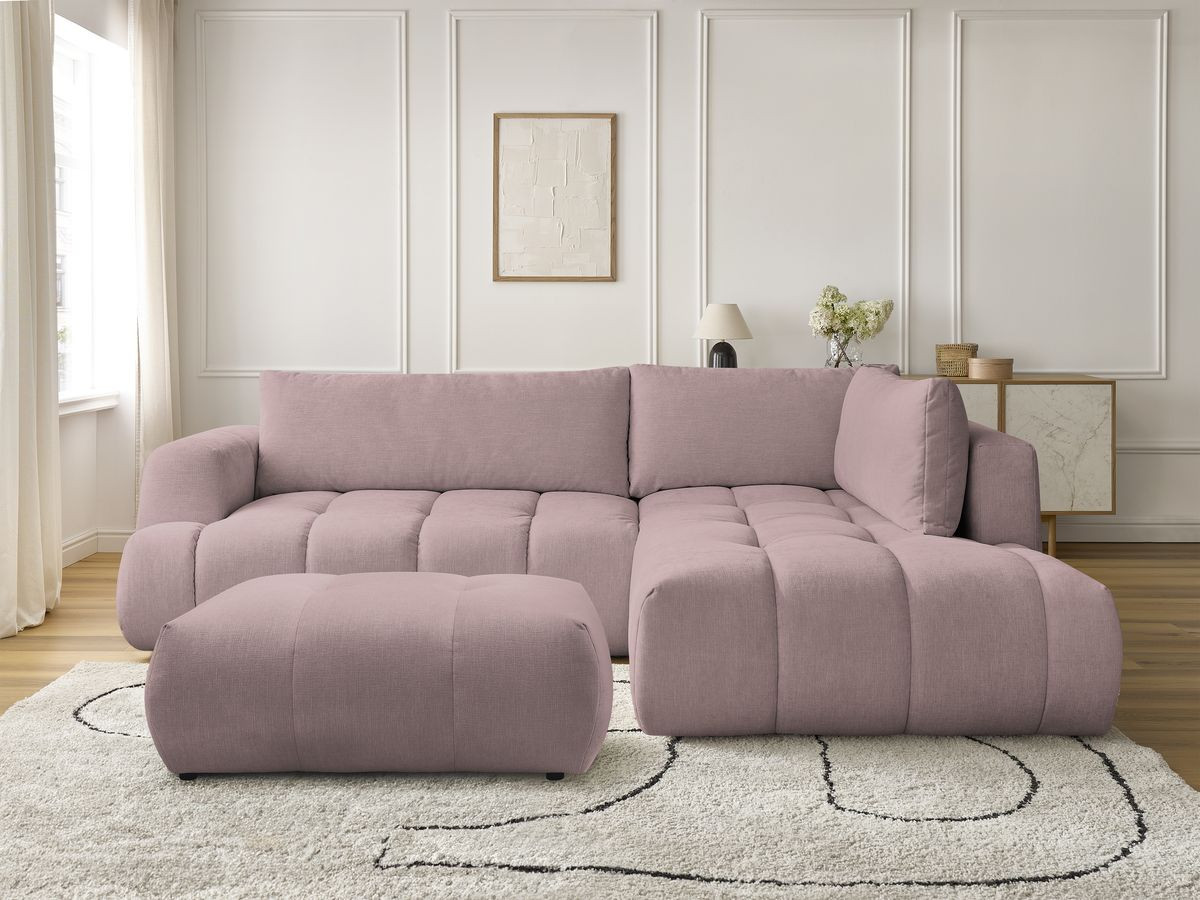 Bobochic Fuji Ecksofa mit Schlaffunktion und Bettkasten und Pouf 282 × 204 cm Stoff Rosa Ecke rechts